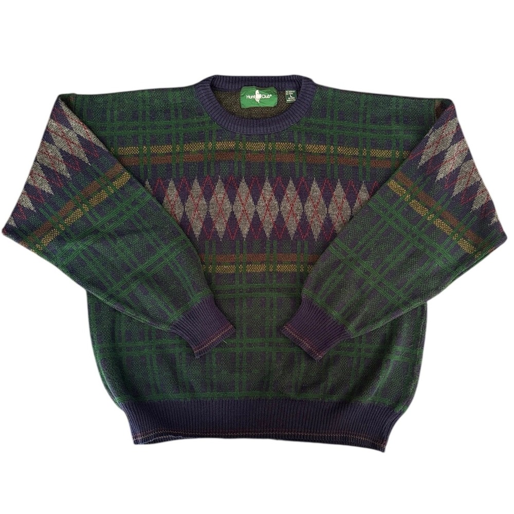 VINTAGE 90s Preppy Grandpa Core Green, Navy Blue Sweater Men Large